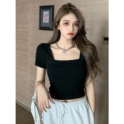 D0310 T-Shirt Women Summer Korean Fashion Chic Sexy Skinny Ladies Thin Letter Solid Color Square Collar Short Sleeve Top Tees