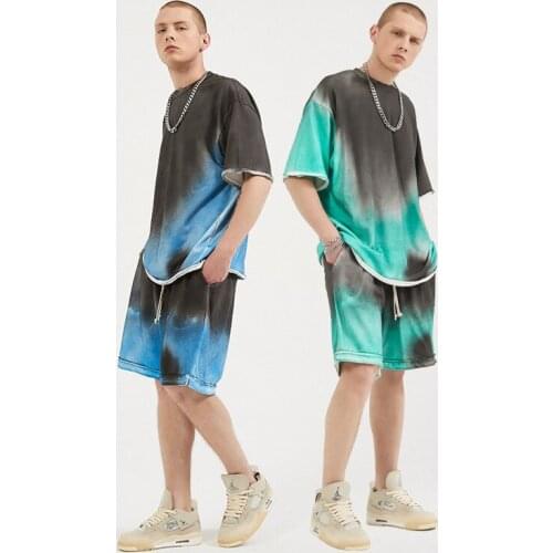 Summer mens hot sell T-shirt and shorts suit tie dying oversized t shirts cotton tops and bottom