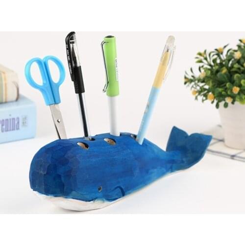 Whale Shape Pen Container Creative Desktop Storage Cartoon Pure Color Animal Wooden Carved Vintage Style Gifts Office Supplies