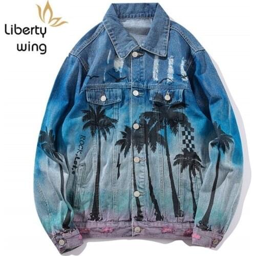 Fashion Loose Denim Vintage Bomber Ripped Holes Sea Beach Coconut Tree Men Hip Hop Jeans Jacket Streetwear Coat