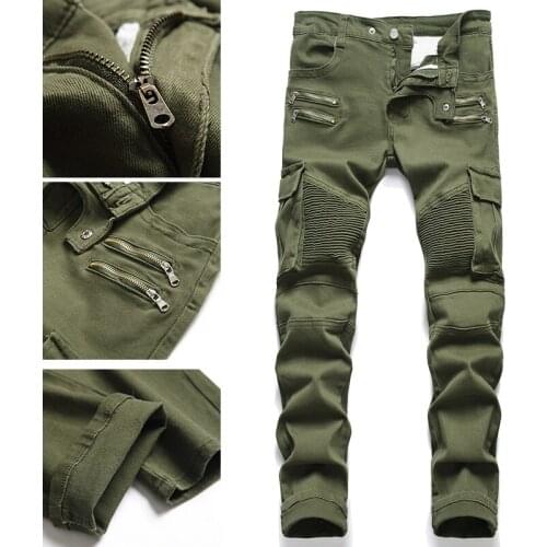 Army green ripped jeans mens slim feet high-end trend casual long pants 2021 summer thin section