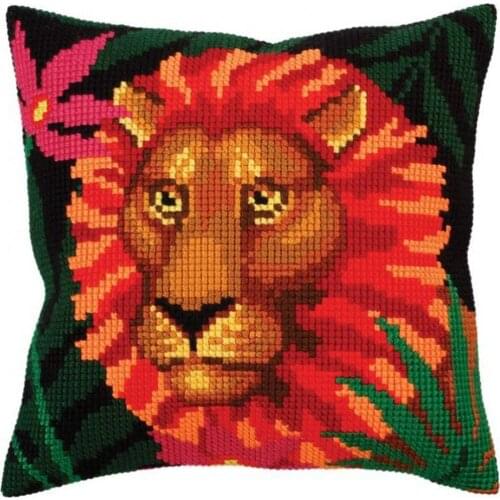 Cross Stitch Cushion Front Night Jungle Lion Needlepoint Kits Printed Canvas Chunky Yarn Cross-stitch Pillow Case Art and Crafts