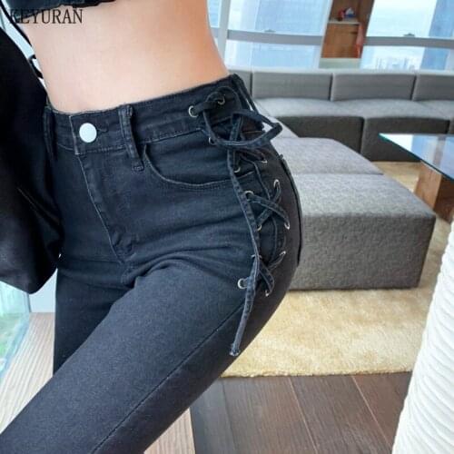 Side Cross Lace-up Pencil Pants Womens Jeans Stretch High Waist Streetwear Pants Sexy Elegant Ladies Europe Fashion Jeans