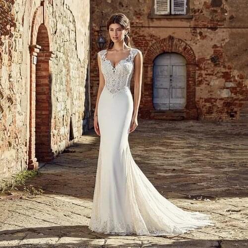 Sexy Bridal Gowns V Neck Mermaid Lace Appliques Satin Bohemian Wedding Dresses Boho Mermaid Vestido De Novia Plus Size Customize