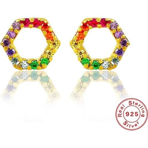 Canner 1 Pair Stud Earring For Women Colored Hexagonal Zircon Earring Sterling 925 Silver Pendientes Plata 925 Fine Jewelry