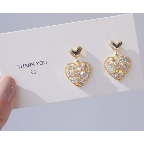 14k Real Gold Plated Fashion Jewelry Love Full Crystal Pearl Stud Earrings for Woman Heart-shaped Exquisite Rhinestone Earring