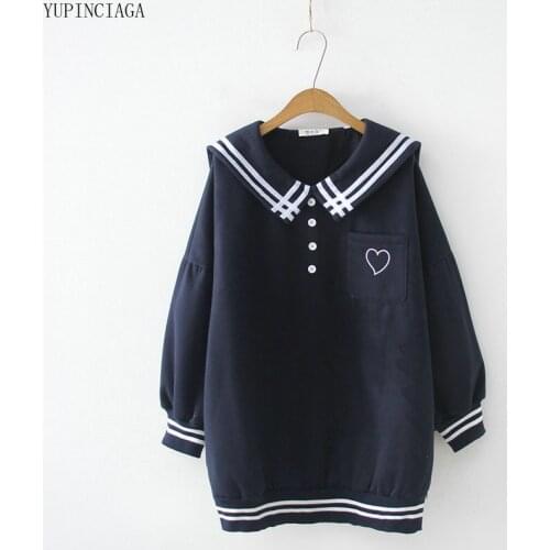 Women Sweatshirt Korean Sweet Preppy Style Sailor Collar Love Print Pocket Girls Fleece Sweatshirts Loose Tracksuit Pullover