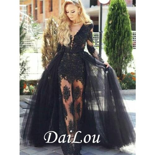 A-Line Sheer Neck Appliques Long Sleeves Sweep/Brush Evening Dress with Train 2021