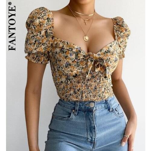 Fantoye Bow Floral Puff Sleeve Women T-shirt Yellow Short Sleeve Square Collar Tops Ladies Summer Skinny Fashion Streetwear 2021