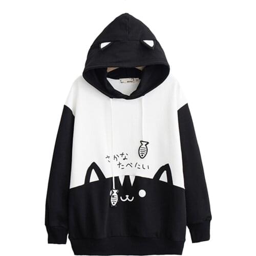 Womens autumn cat print long-sleeved hoodie with drawstring girl Japanese Mori girl sweet and cute casual sports sweater /F