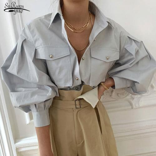 2021 Pockets Streetwear Loose Female Shirt New Spring Autumn Vintage Turn-down Collar Blouse Lantern Sleeve Tops Blouses12623