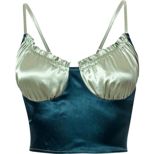 Womens Sexy Tanks Ruched Bust Tops Spaghetti Strap Color Block Frill Crop Tops