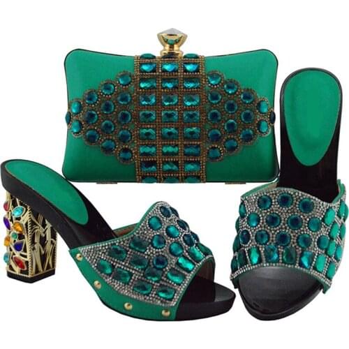 Hot sale teal women pumps and bag with big crystal african shoes match handbag set for dress FGT003,heel 10CM
