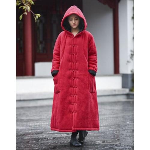 Womens new winter robe hooded Vintage double layer wrinkled warm outwear thicker long cotton coat