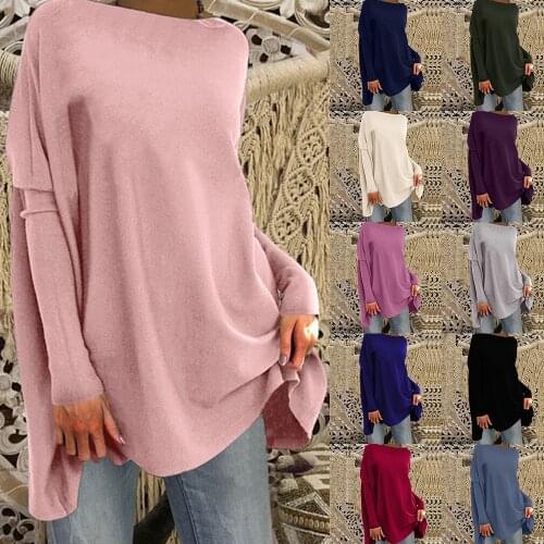 2020 Women Autumn Spring Long Sleeve Solid Basic Casual Loose Pullover Tee Tops Plus Size Outwear