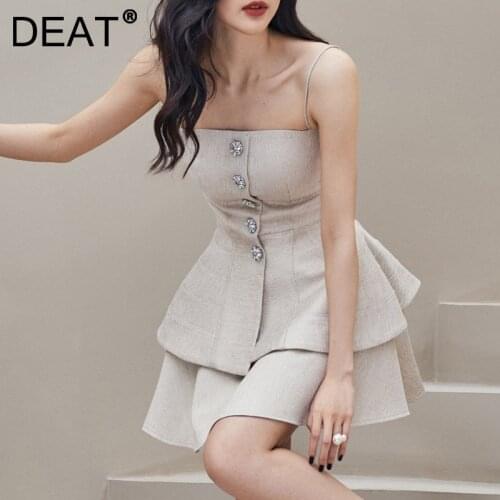 DEAT Woman Banquet Sling Diamond Button Dress + High Waist Skirt Mini Length Elegant Fashion Formal style 2021 Summer 15XM027