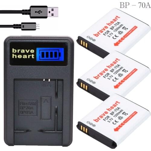 3PCS BP 70A BP-70A Rechargeable Battery pack + LCD USB Charger For SANSUNG ES65 ES70 ES73 ES74 ES75 ES80 PL80 PL90 PL100 Camera