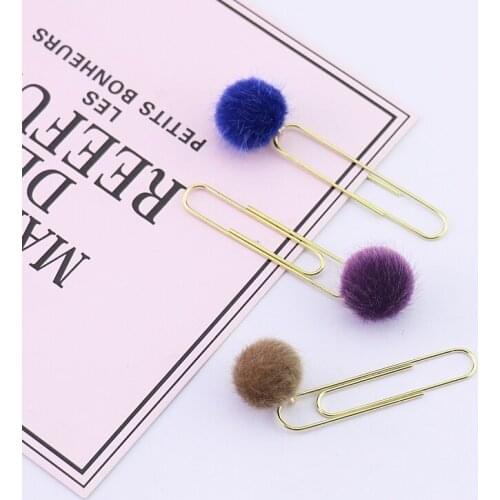 3 pcs/set Cute Colored Plush Ball Paper Clip Bookmark Metal Girl School Office Binding Supply for Book Notes Diary Letter Files