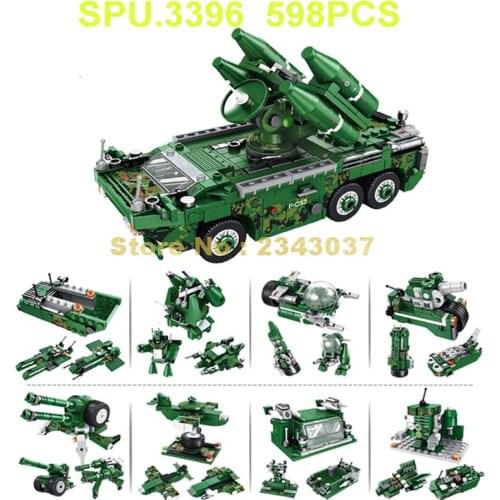 633023 598pcs 8in1 25 Changes Military Army Missile Vehicle Truck Fighter Building Block Toy