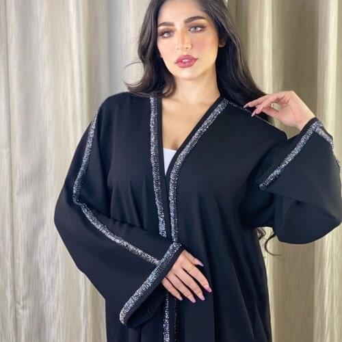 AB039 Black Open Abaya Woman Kaftan Dress Cotton Linen Pakistan Robe Modest Clothing Beading Ramadan Islam Muslim Arab Cardigan