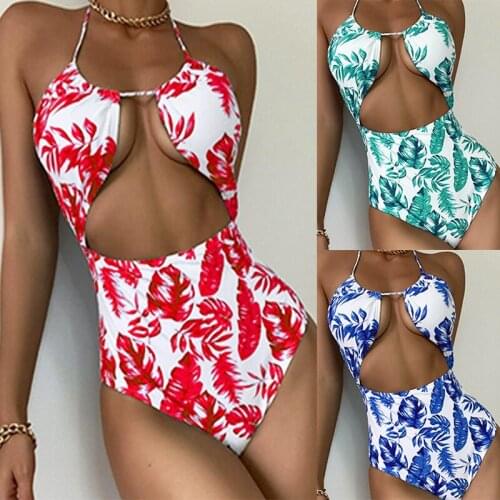 Hollow Out One Piece Suit Swimsuit Strap Bikini Set Sexy Leaf Print Cross Halter Backless Swimming Suit for Women Summer