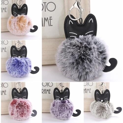 Cute Cat Design Fur Ball Keychain Soft Pompom Animal Tail Fluffy Hair Ball Car Keychains Ladies Car Bag Accessories Key Ring