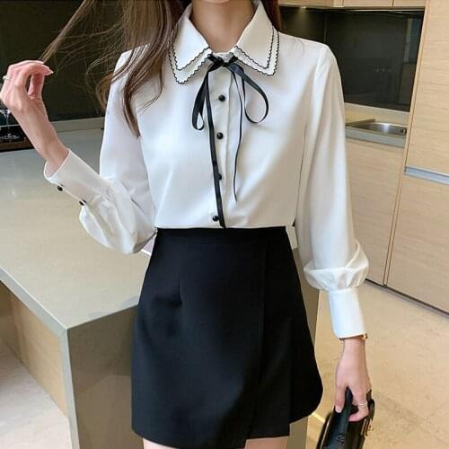 Chikichi Korean Fashion Chiffon White Shirt Women 2021 New Lace Doll Collar Shirt College Wind Blouse Women Button Up Shirt