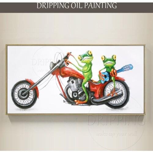 Artist Hand-painted Modern Funny Animal Frog with Halley Motorcycle Oil Painting on Canvas Funny Cartoon Frog Oil Painting