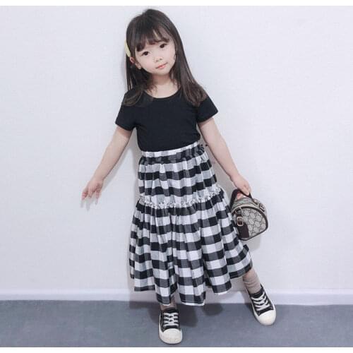 Two Piece Sets Girls Summer Black T-shirt Children Clothes Kids Lattice Long Skirt Set New Fashion Style