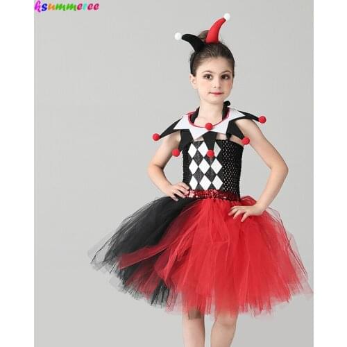 Evil Villainous Jester Costume Black and Red Girls Fancy Tutu Dress with Headband for Halloween Purim Carnival Party Clothes