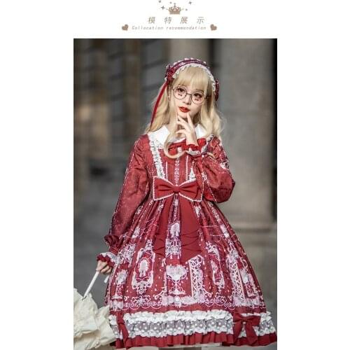 Sweet princess lolita dress retro lace bowknot peter pan collar high waist printing victorian dress kawaii girl gothic lolita op