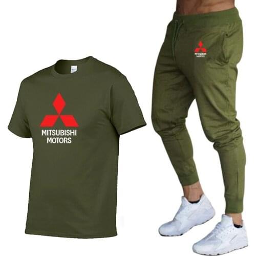 New Summer Mens T-shirt Mitsubishi Car Logo Summer Casual Cotton Short Sleeve Round Neck Mens T-shirt+pants 2 Piece Suit