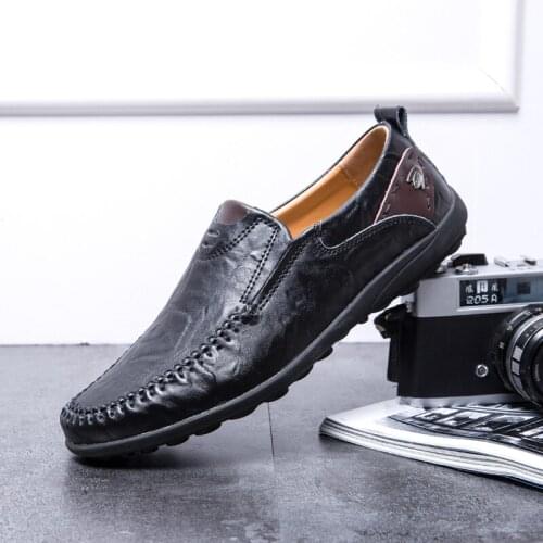 Pure Color Fashion All-match New Mens Shoes Men Driving Shoes Soft Leather Peas Casual Flat Breathable Non-slip Business Shoes