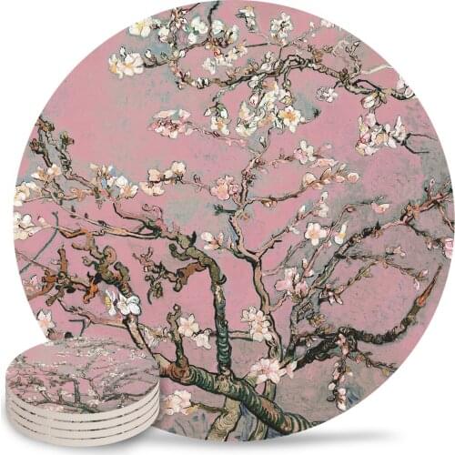 Almond Blossom Vincent Van Gogh Pink Ceramic Coasters Waterproof Tea Cup Mat Modern Home Decor Coasters for Glasses