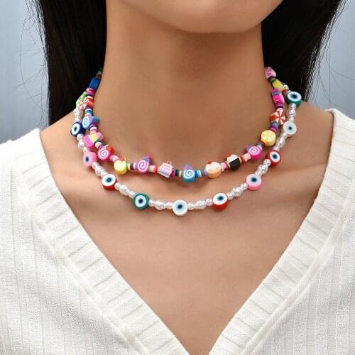 Multicolor Eye Polymer Clay Beaded Necklace for Women Girls Boho Simulated Pearl Candy Fruits Choker Necklace Charm Jewelry