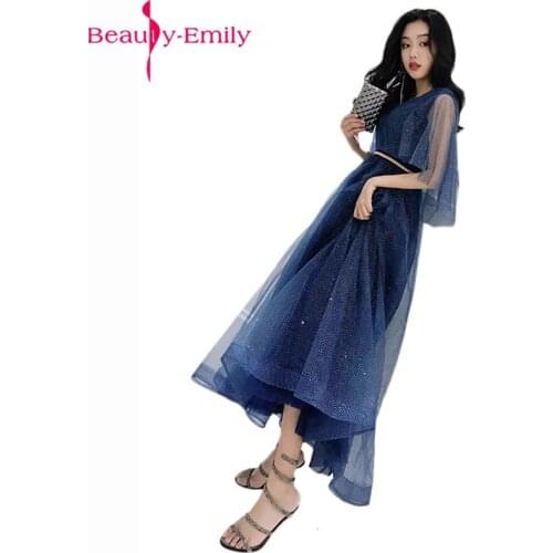 Romantic V Neck Shining Sequined A Line Evening Dress Elegant Sleeveless Tulle Flare Sleeve Formal Party Dress Real Photo