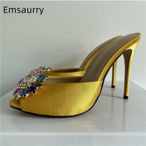 Luxury Satin Stiletto Heel Womens Sandals Sexy Peep Toe Slingbacks Colorful Rhinestone Buckle Decor Mules For Girls