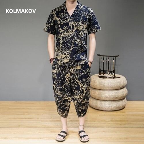 Shirt + trousers)2021 summer fashion men shirt High quality Linen fabric shirts mens casual shirts men full size M-5XL