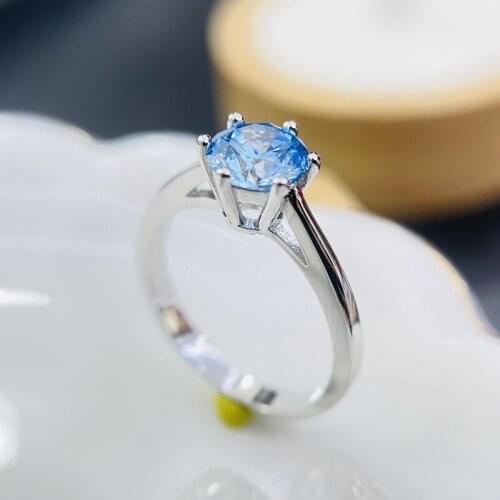 S925 Silver Rings For Women Summer Ocean 6 Claws Blue Cubic Zirconia Ring Bridal Wedding Fine Jewelry Simple Bijoux JZ362