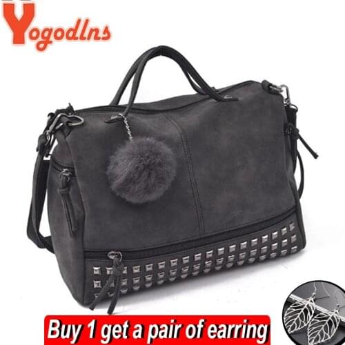 Yogodlns Vintage Nubuck Leather Ladies Handbag Rivet Large Bags Hair Ball Women Shoulder Bag Motorcycle Messenger Top-Handle Bag