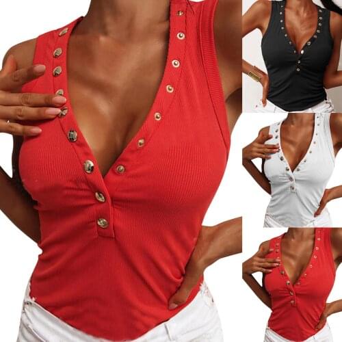 2021 Harajuku Womens T-Shirt Summer V-neck Casual All-match T-shirt Tight Top Button Neckline Sleeveless Honey Top Ropa Mujer