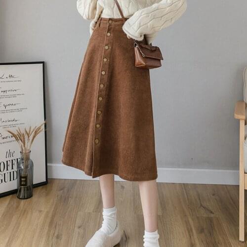 New 2020 Corduroy Women Skirt Fashion Single Breasted Vintage Black Winter Skirt For Women Casual A-Line Skirt Mujer