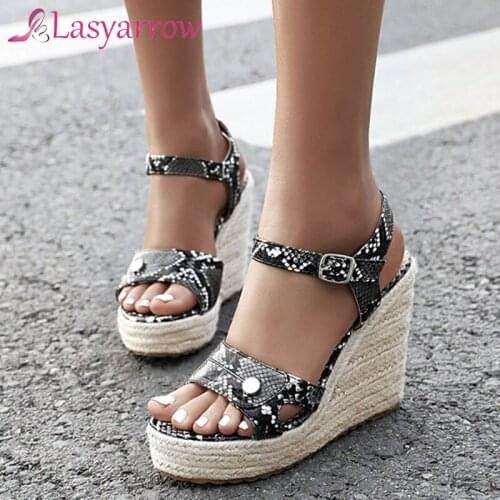 Lasyarrow 2020 new fashion casual wedges platform sandals ladies summer shoes snake buckle high heels sandals women big size 43