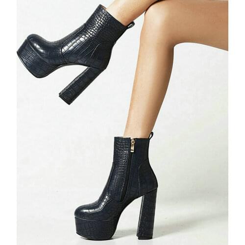 2021 Platform Square High Heel Women Ankle Boots Faux Leather Round Toe Ladies Motorcycle Boots Party Zipper Womens Shoes Blue