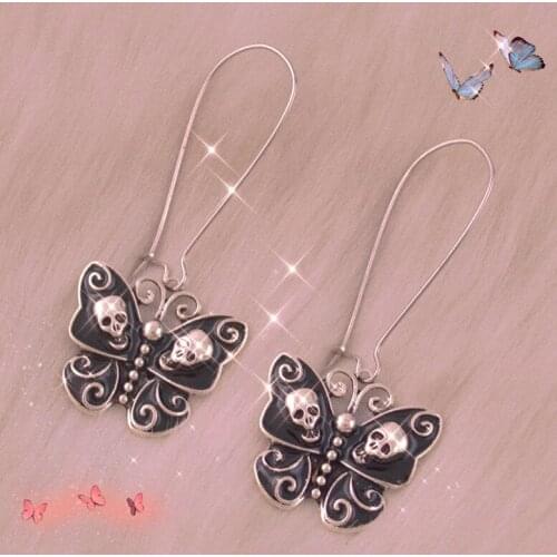 Goth Butterfly Skull Dangle Earrings For Women Metal Punk Y2K Charms Drop Earrings Gossip Girl 90s Style Jewelry Friend Gifts
