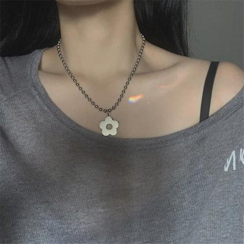 42CM Harajuku Kawaii Choker Stainless Steel Flower Beads Necklace For Women Men Egirl Gothic Colar Streetwear Aesthetic Jewelry