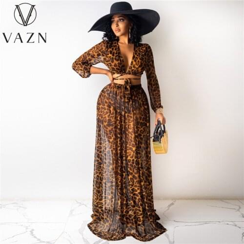 VAZN 2021 Summer Leopard Print See Through Full Sleeve V-neck Suits 2 Piece Set Beach 2 Piece Set Women Top And Pant