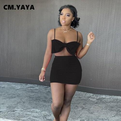 CM.YAYA Active Sweatsuit Womens Set Bow Pachwork Crop Tops and Midi Mini Skirts Suit Tracksuit Two Piece Set Fitness Outfit