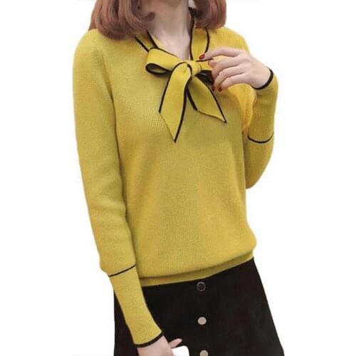 QRWR Sweater Women 2020 Autumn Winter Elegant V Neck Bow Pullover Knitted Casual Loose Basic Women Sweater