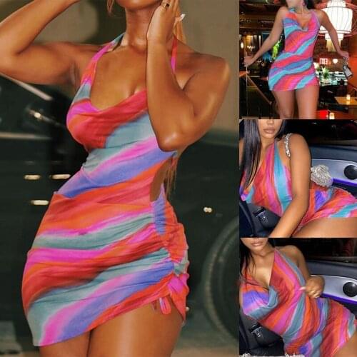 Womens New Sexy Party Pool Rainbow Smock Halter Halter Dress Flower Color